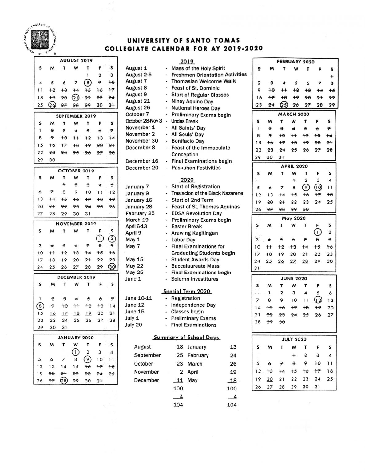 Academic Calendar University of Santo Tomas