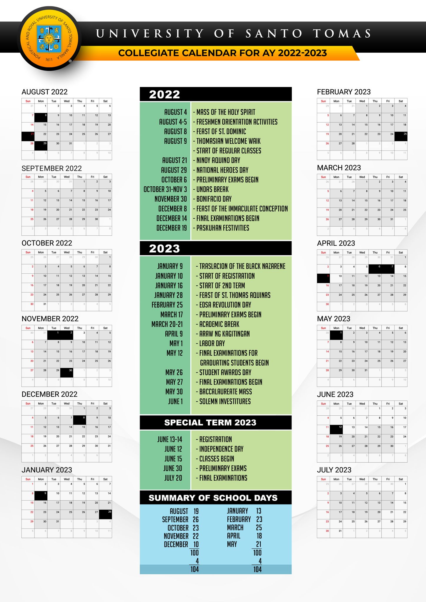 Academic Calendar - University of Santo Tomas