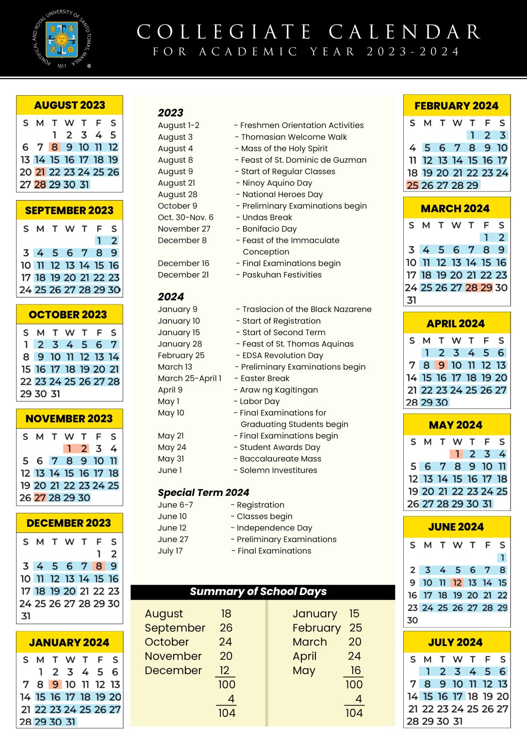 Academic Calendar University of Santo Tomas